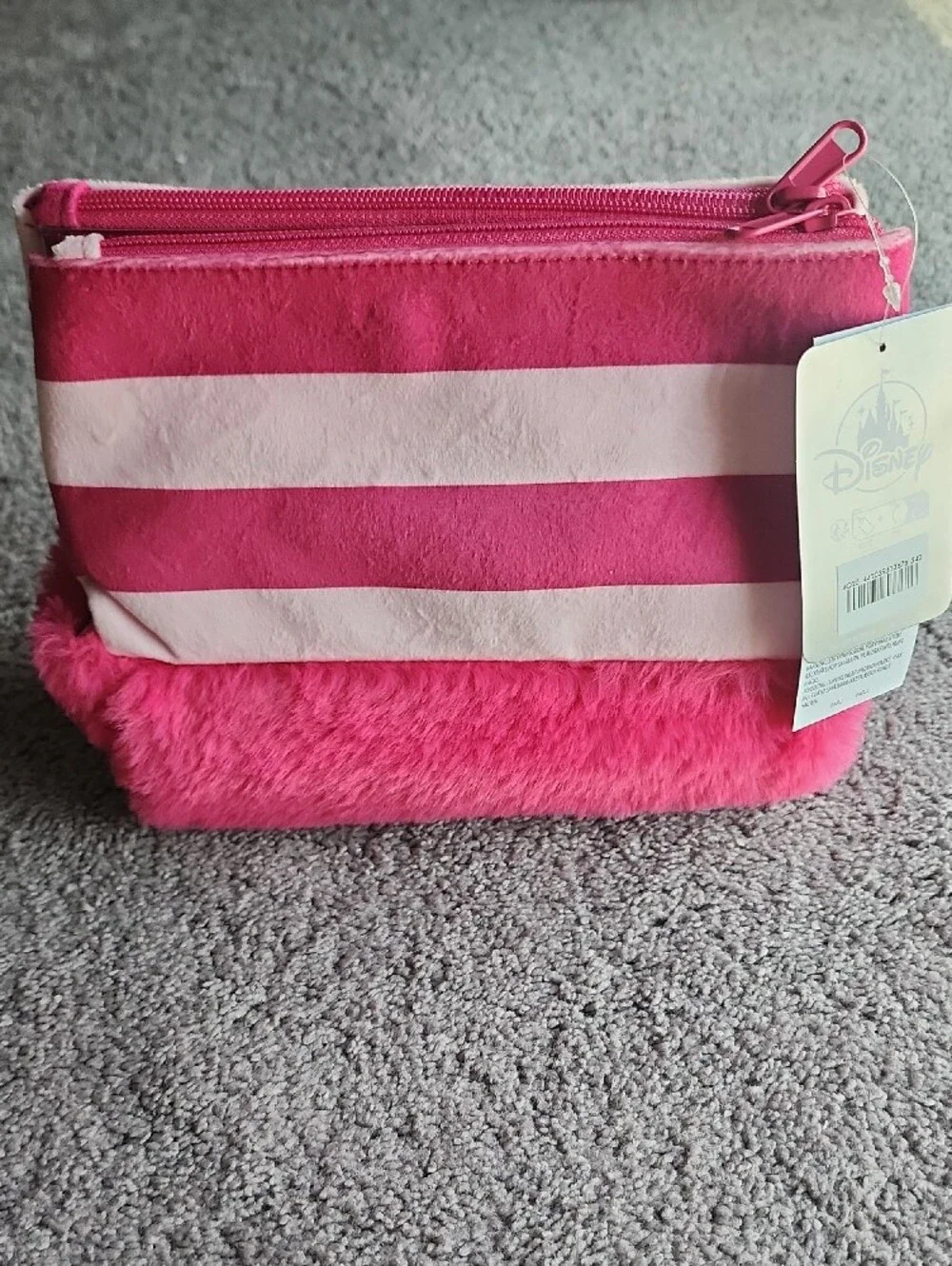 NWT Disney Cheshire Cat Stripe Pink Fuzzy Cosmetic Bag